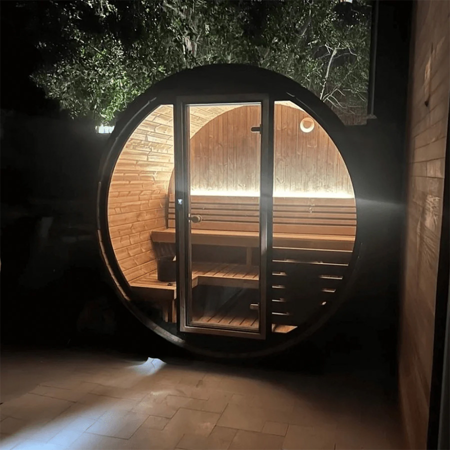 SaunaLife ERGO-Series Elegance 6 outdoor sauna barrel with full glass front wall