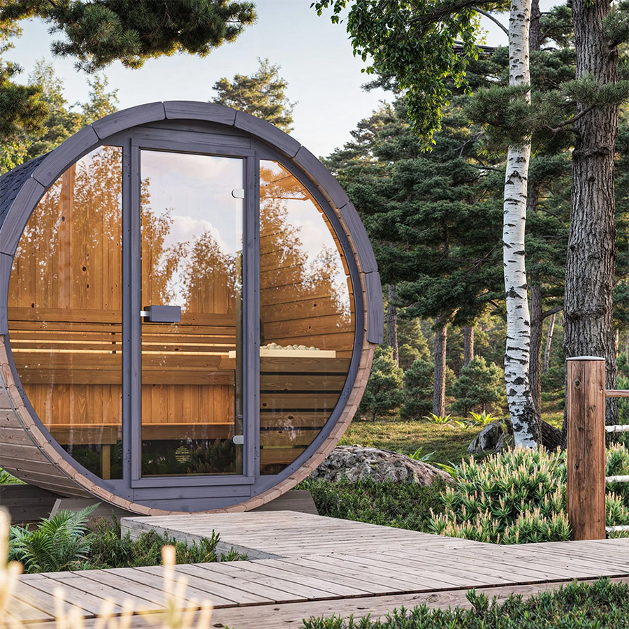 Contoured Thermo-Aspen bench with ergonomic backrest for comfortable bathing