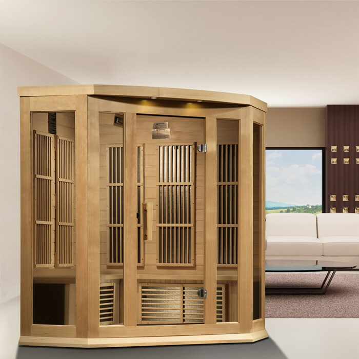 Side view of Maxxus cedar sauna with bronze-tinted glass door