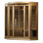 Oversized chromotherapy lighting inside 3 person cedar sauna