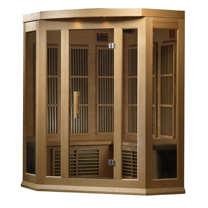 Oversized chromotherapy lighting inside 3 person cedar sauna