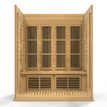 Oversized chromotherapy lights in cedar saunas with red light therapy