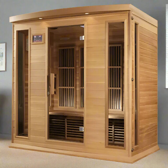 Side view of Maxxus cedar sauna with accent lighting