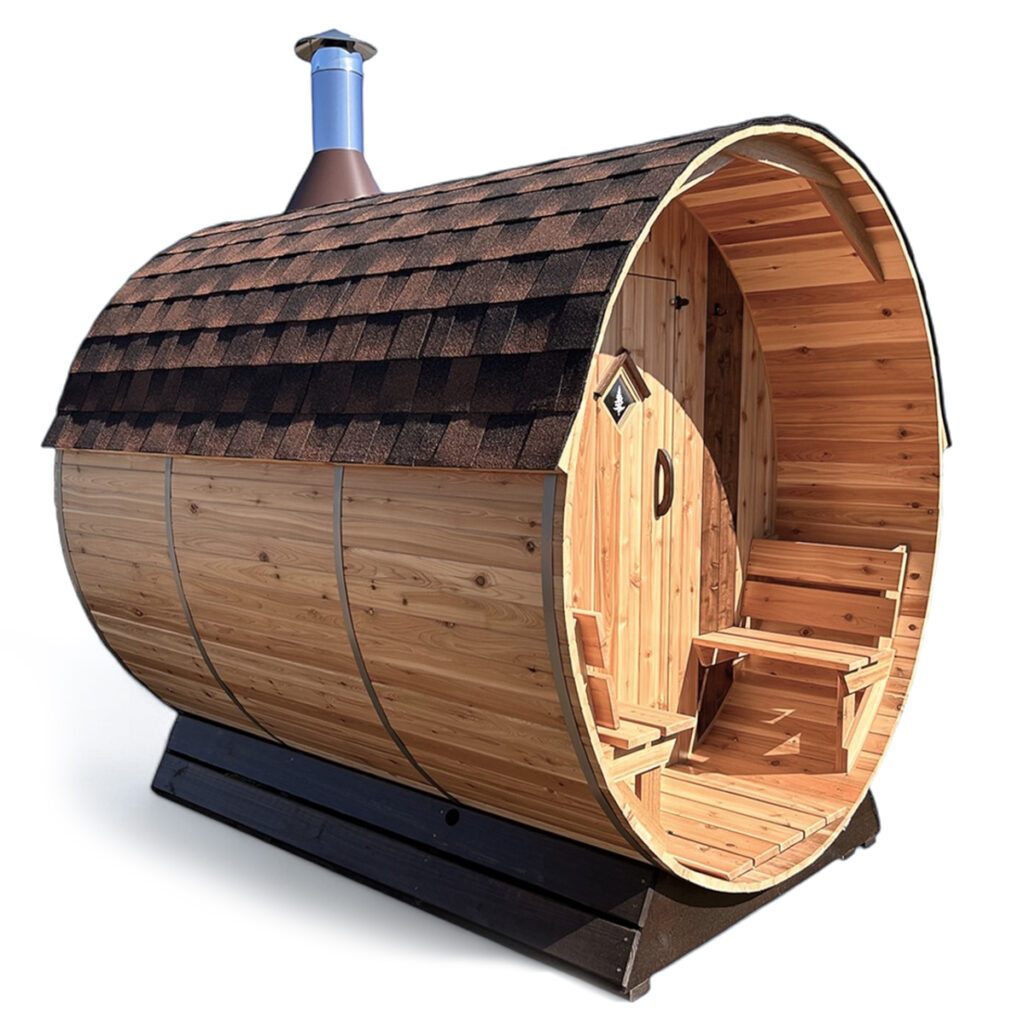 6 Person Barrel Sauna with Front Porch | Wood Fired Sauna | 7' x 8' | Cedar Sense