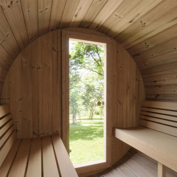 Panoramic glass front sauna offering modern Scandinavian design