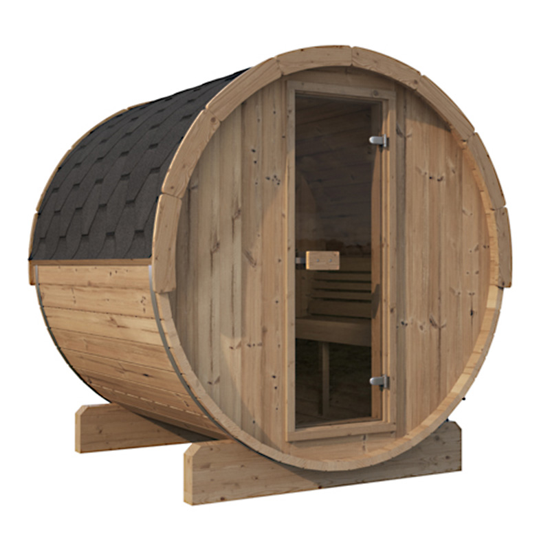barrel sauna for sale _ model E7 _ main pic 1 Exterior view of SaunaLife E7 with protective roof shingles and drip edge