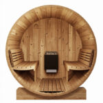 Ergonomic barrel sauna design with spacious 7-foot diameter interior