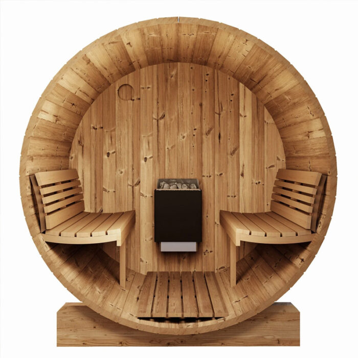 Ergonomic barrel sauna design with spacious 7-foot diameter interior