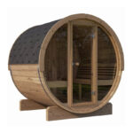 Contemporary outdoor sauna with glass front and handcrafted spruce exterior