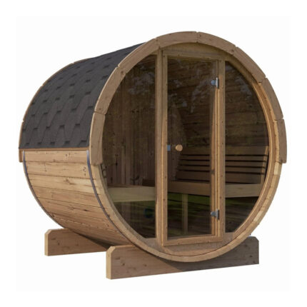 Contemporary outdoor sauna with glass front and handcrafted spruce exterior