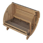 Model E7G barrel sauna showing front glass wall and black shingle roof