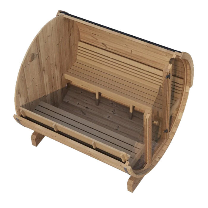 Model E7G barrel sauna showing front glass wall and black shingle roof