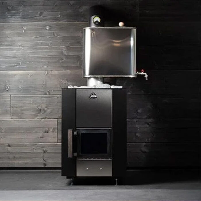 Traditional Finnish wood sauna heater installed inside sauna