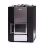 Black steel wood sauna stove with heated rock chamber