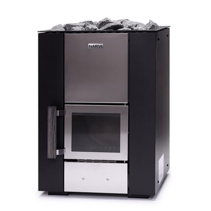 Black steel wood sauna stove with heated rock chamber