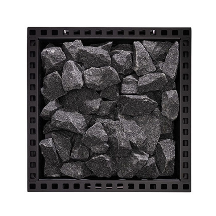 Freestanding wood-fired sauna heater with firebox and rocks