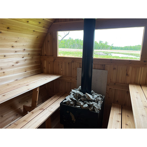 7' x 8' barrel sauna delivered in Nashville with half-moon windows