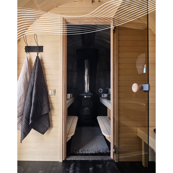 Wood fired sauna with two-room layout for outdoor use