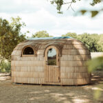 Chestnut exterior finish on a round wood fired sauna