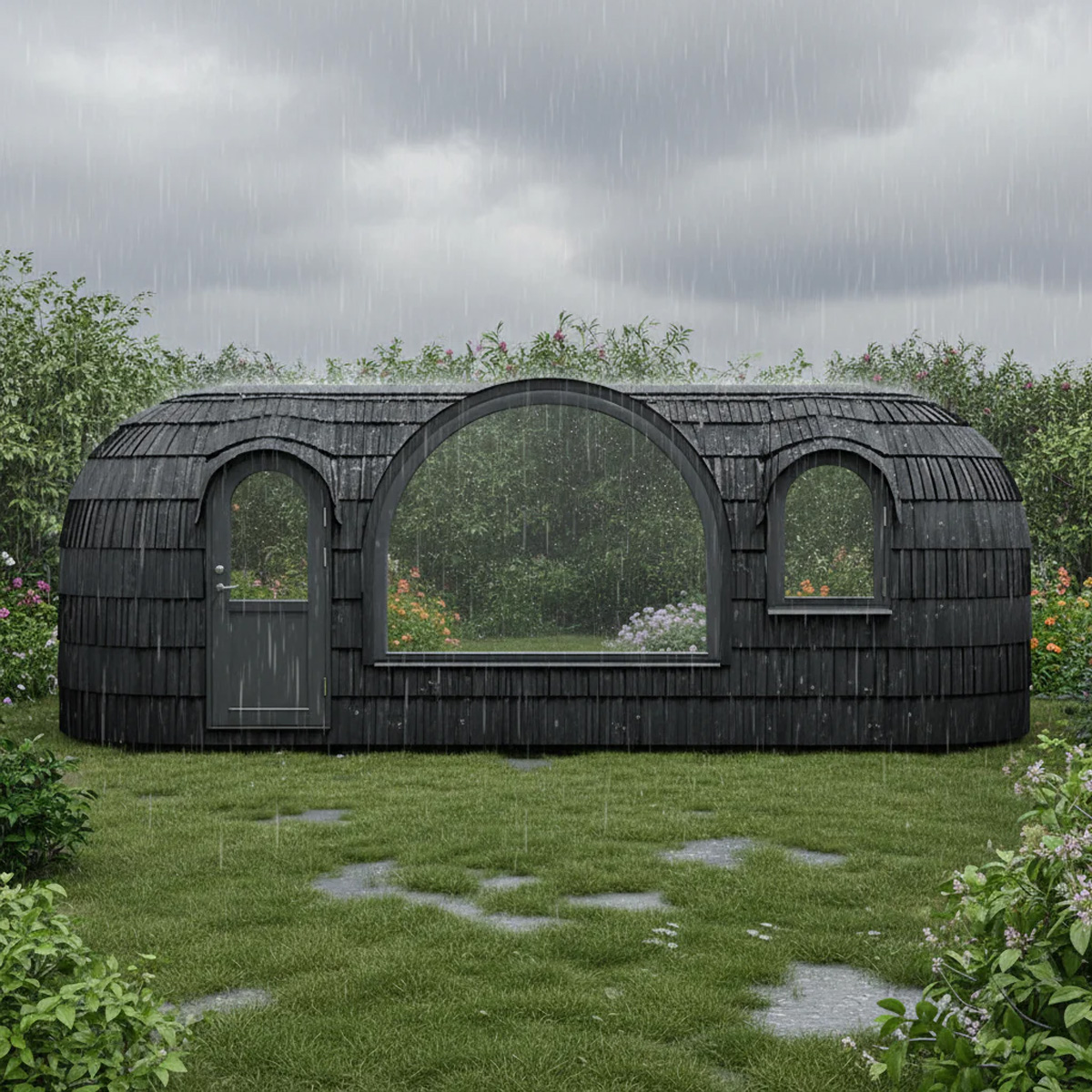 Panoramic luxury outdoor sauna with large window and two-room layout