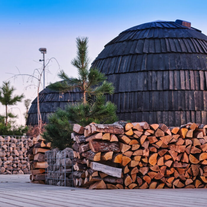 Outdoor sauna paired with a wood fired hot tub