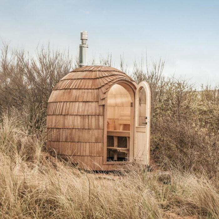 Chestnut exterior finish on a round outdoor sauna
