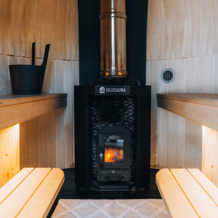 Natural wood interior finish inside a luxury sauna