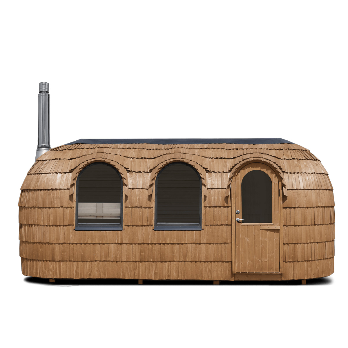 Wooden sauna triple model in chestnut finish with wood heat