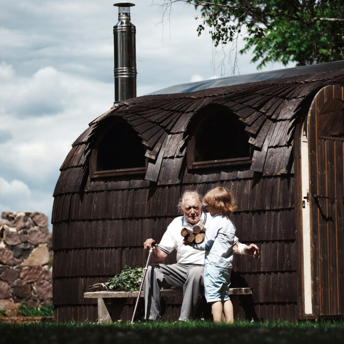 Triple wooden sauna with handcrafted round design