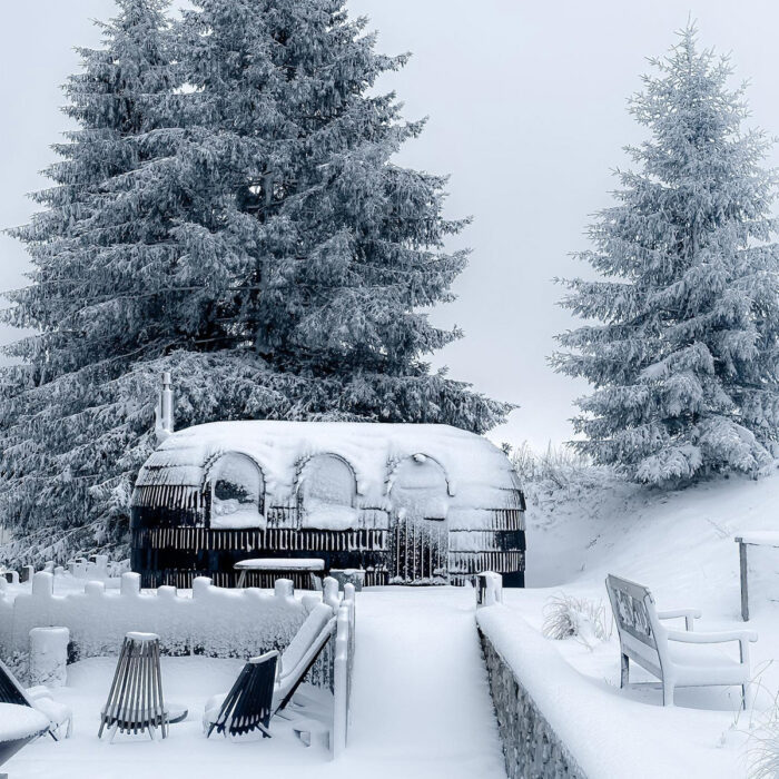 Outdoor wooden sauna in a natural setting