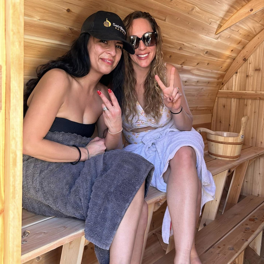 Customer enjoying barrel sauna in Santa Fe, NM