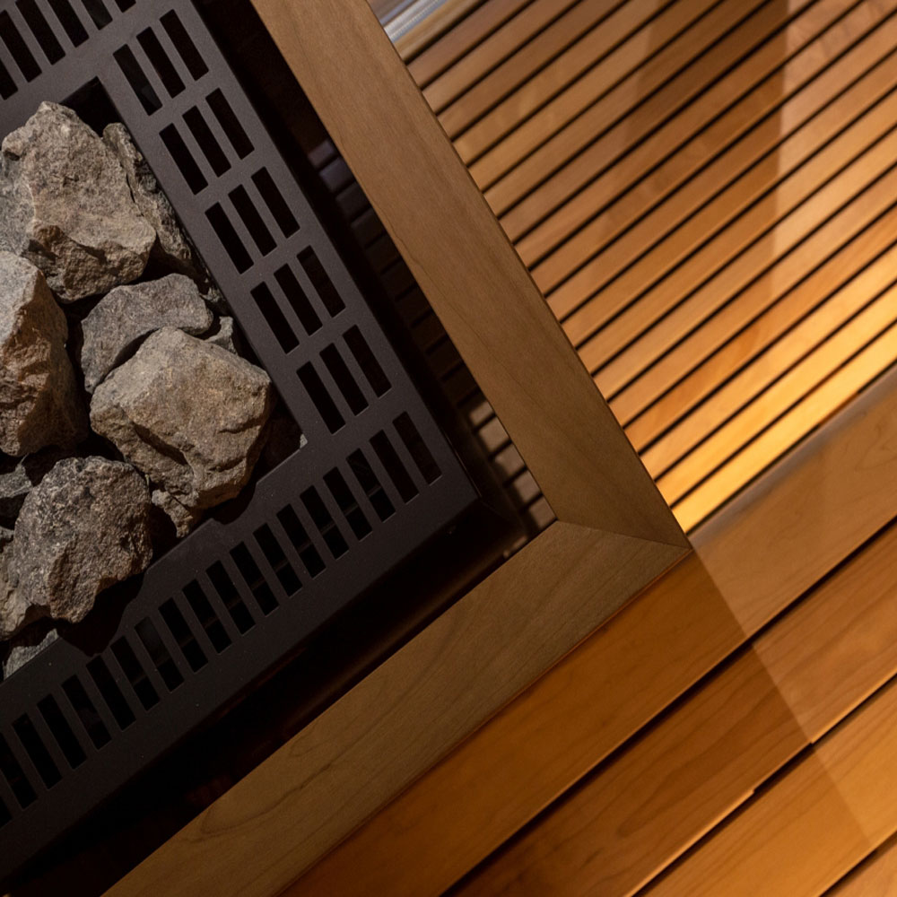Auroom Arti high end sauna showcasing terrace, large glass window, black exterior, and luxurious outdoor integration
