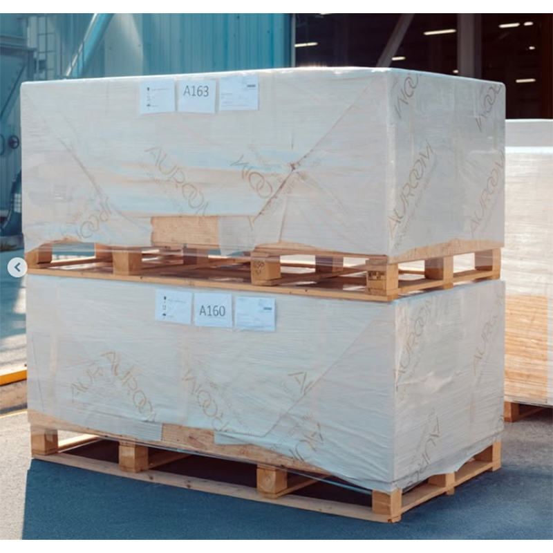 Auroom Baia Glass sauna shipped on pallet with protective crate