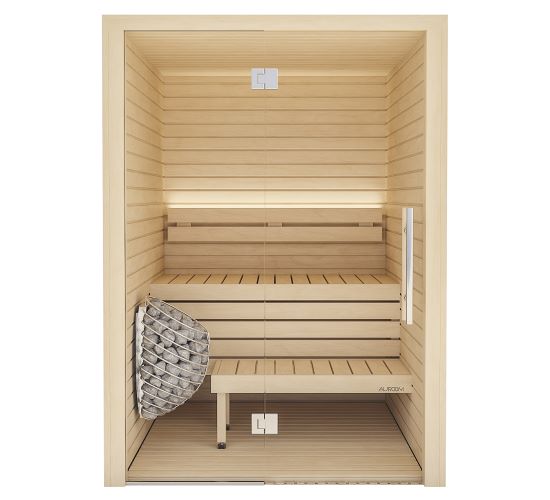 Auroom Cala Glass sauna in Aspen finish