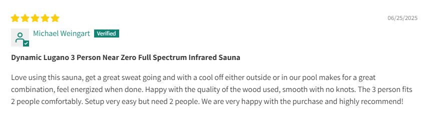 Customer review of the Lugano indoor infrared sauna