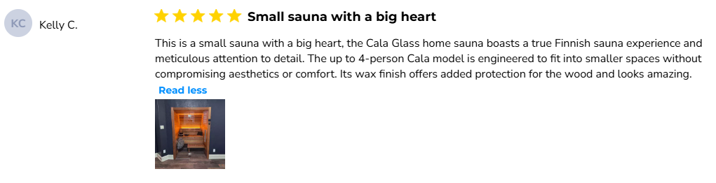 Customer review screenshot from Kelly C. for Auroom Cala Glass sauna