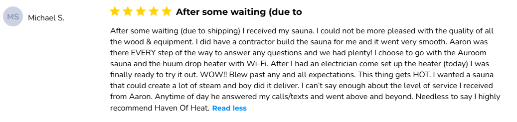 Customer review screenshot from Michael S. for Auroom Cala Glass sauna