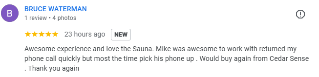 Google Review 1 for Cedar Sense Barrel Saunas