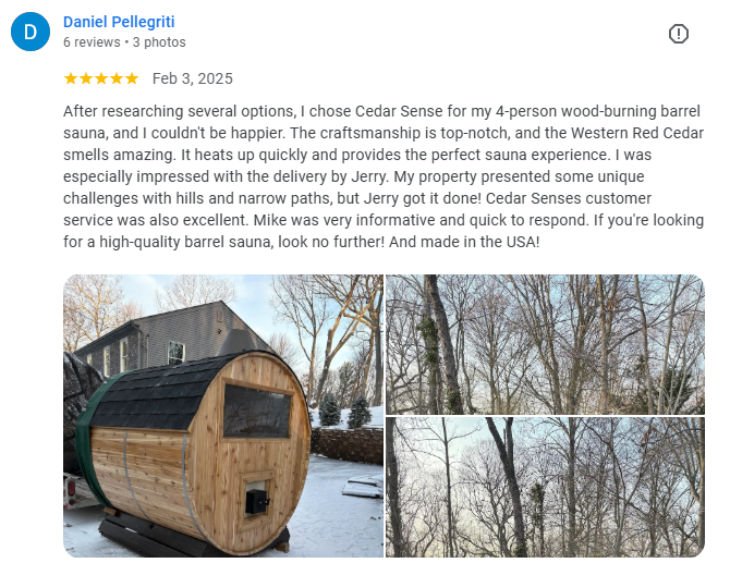 Google Review 3 for Cedar Sense Barrel Saunas