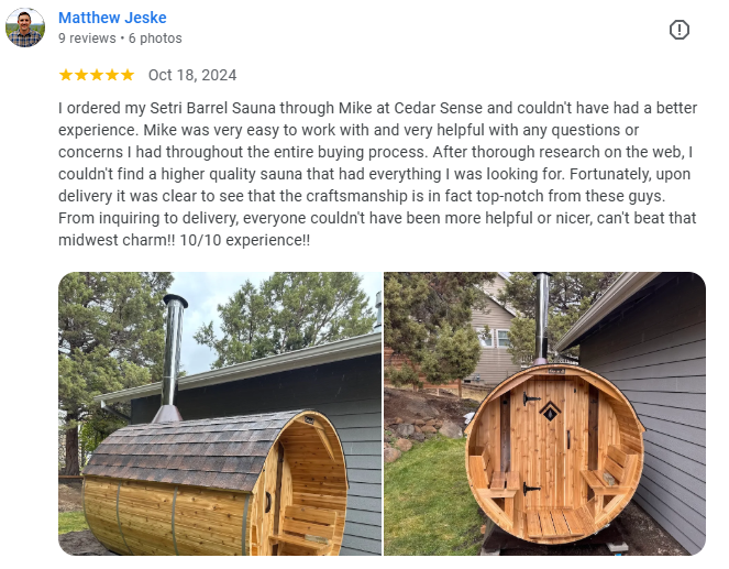 Google Review 4 for Cedar Sense Barrel Saunas