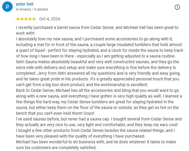 Google Review 5 for Cedar Sense Barrel Saunas