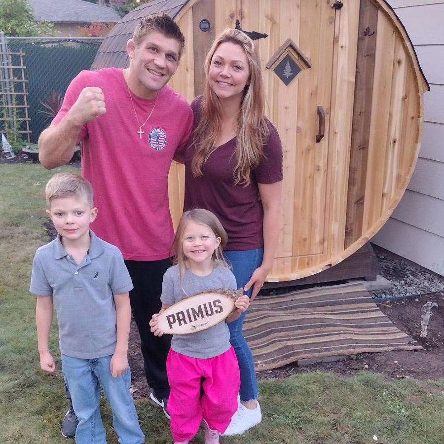 UFC Fighter Brent Primus with his Cedar Sense barrel sauna