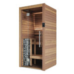 Luxury 1-person indoor sauna with full glass front, Aspen or Thermo-Aspen finish, LED backrest lighting, and curated heater options.