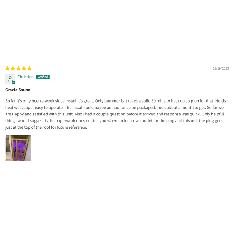Customer review of the Gracia indoor sauna