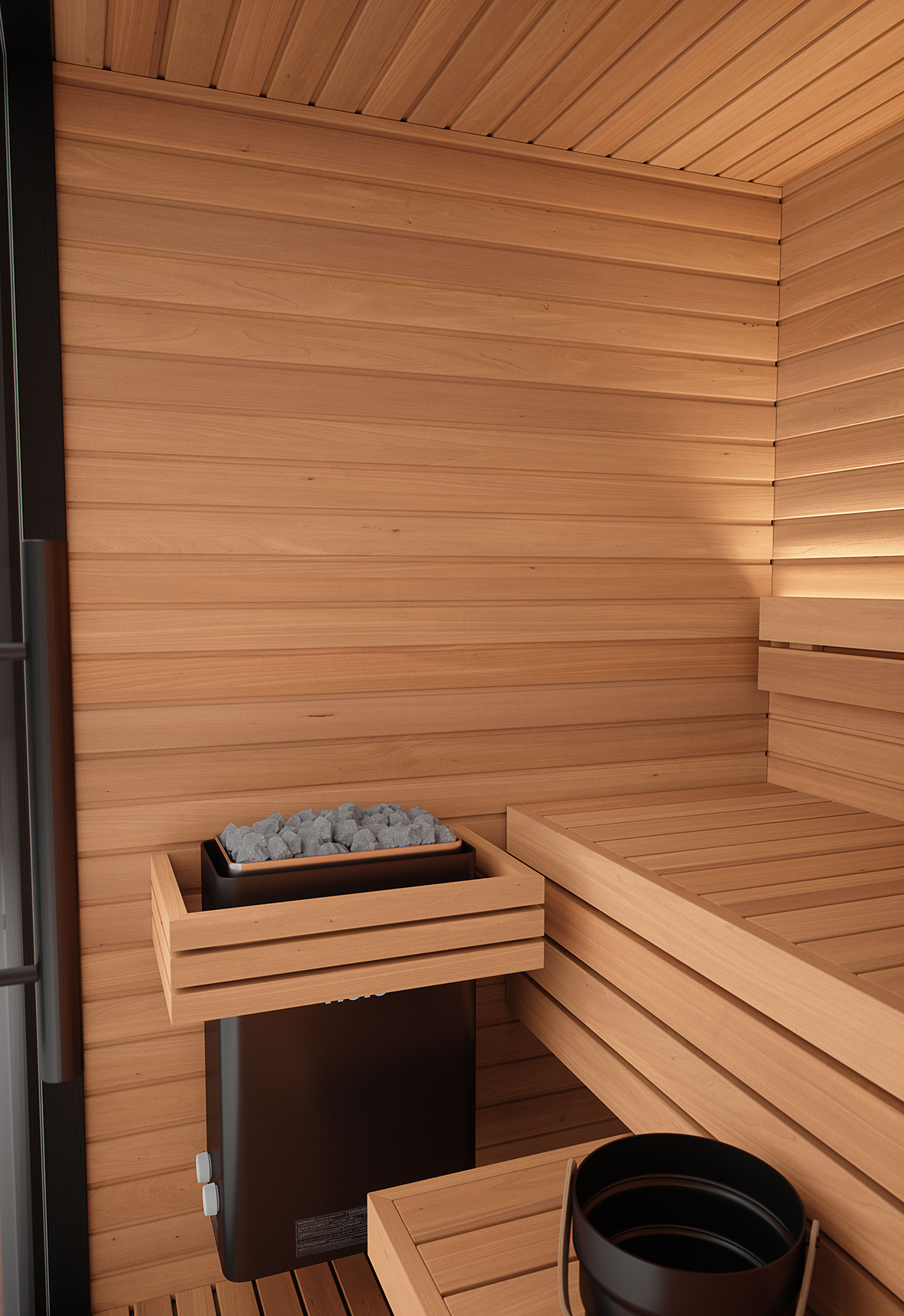 Auroom Mira S outdoor modern sauna featuring black exterior cladding, full glass front, and elegant thermo-aspen interior