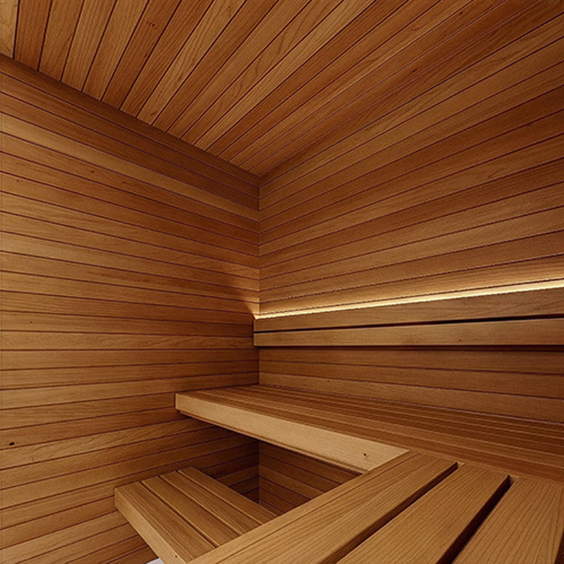 Thermo-aspen sauna bench board material installed in a modern sauna interior