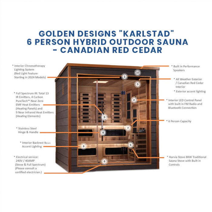 6-Person Outdoor Hybrid Sauna | Golden Design Karlstad Series | Outdoor Infrared Sauna - Image 11