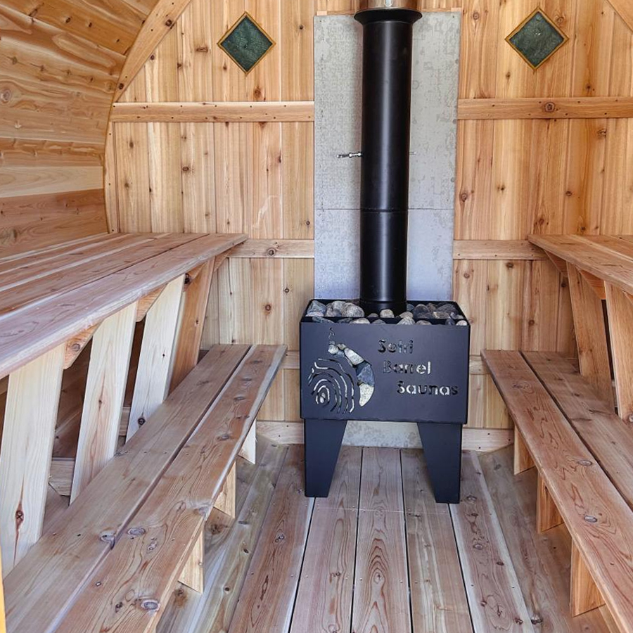 Two-tiered benches in 7' barrel sauna for superior comfort