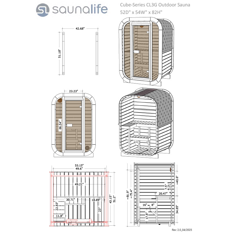 SaunaLife CL3G 2 Person Cube Sauna Dimensions