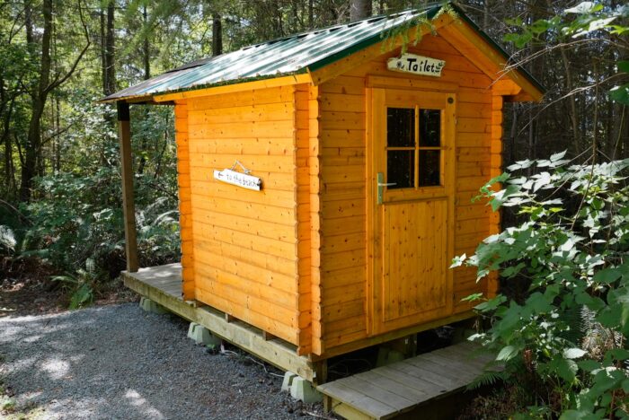 Small outdoor bathroom shed with finished interior layout